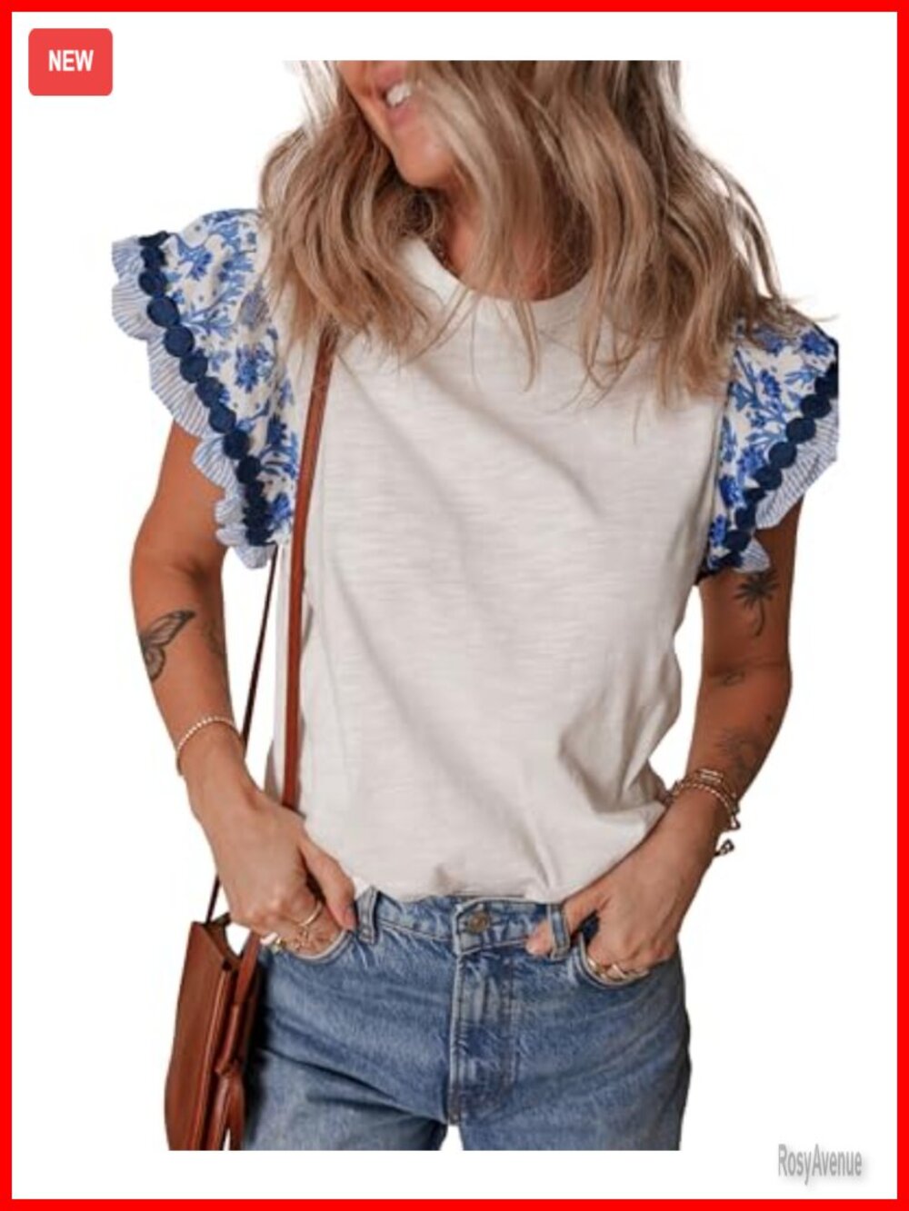 Women's Ruffle Sleeve Crewneck Tee, Floral Trim Short Sleeve Top, 65% Polyester
